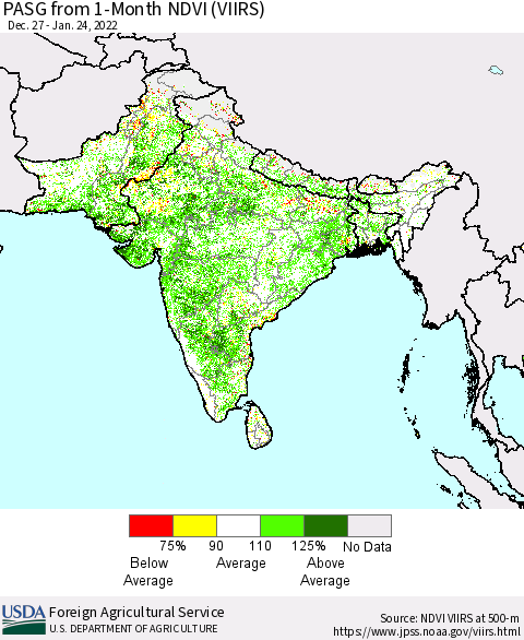 Southern Asia PASG from 1-Month NDVI (VIIRS) Thematic Map For 1/21/2022 - 1/31/2022