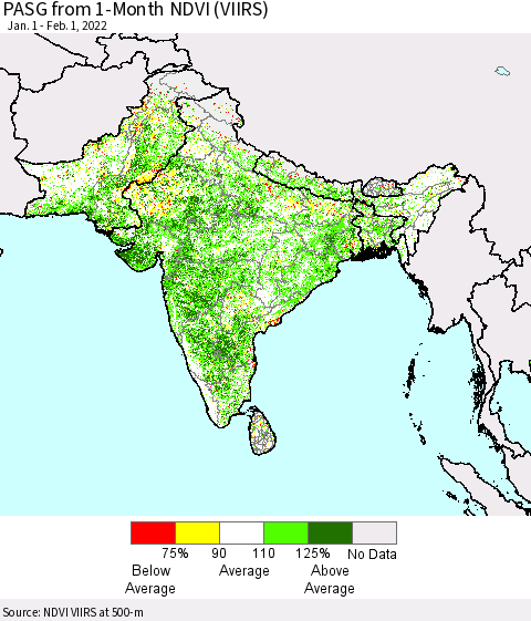 Southern Asia PASG from 1-Month NDVI (VIIRS) Thematic Map For 1/25/2022 - 2/1/2022