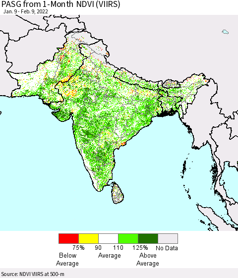 Southern Asia PASG from 1-Month NDVI (VIIRS) Thematic Map For 2/2/2022 - 2/9/2022