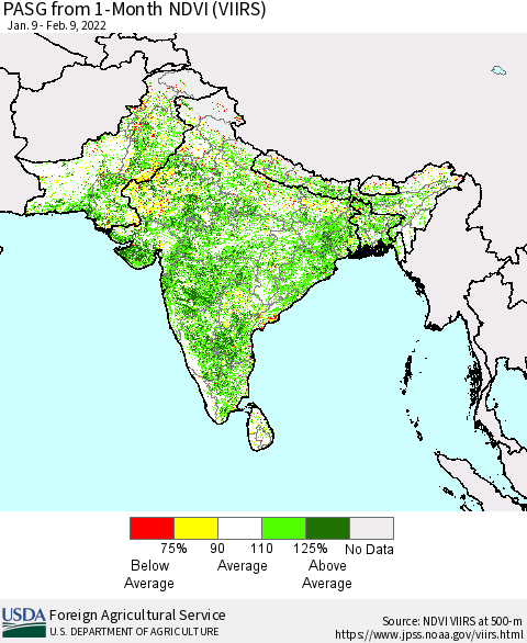Southern Asia PASG from 1-Month NDVI (VIIRS) Thematic Map For 2/1/2022 - 2/10/2022