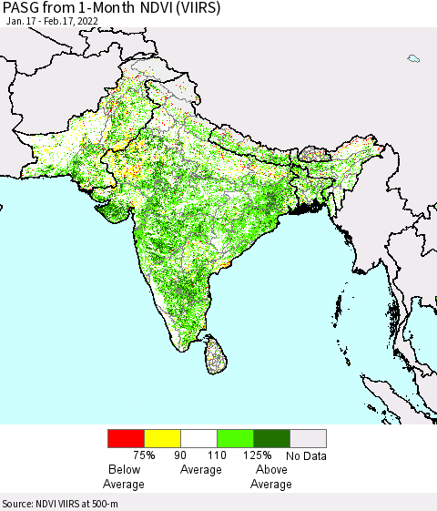 Southern Asia PASG from 1-Month NDVI (VIIRS) Thematic Map For 2/10/2022 - 2/17/2022