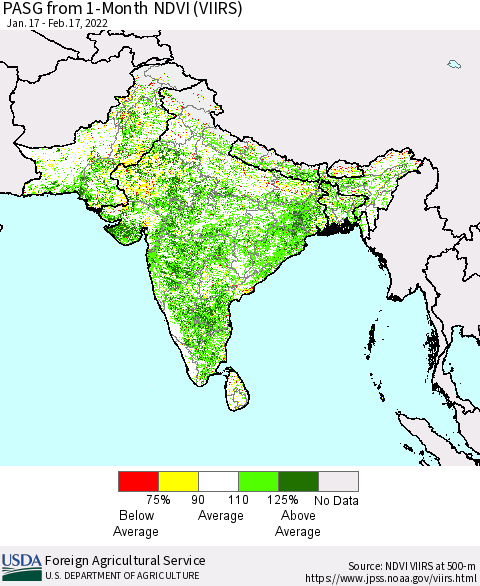 Southern Asia PASG from 1-Month NDVI (VIIRS) Thematic Map For 2/11/2022 - 2/20/2022
