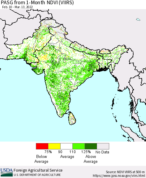 Southern Asia PASG from 1-Month NDVI (VIIRS) Thematic Map For 3/11/2022 - 3/20/2022