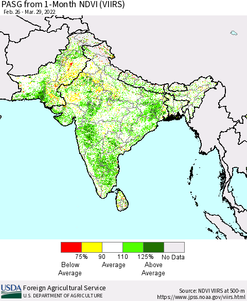 Southern Asia PASG from 1-Month NDVI (VIIRS) Thematic Map For 3/21/2022 - 3/31/2022