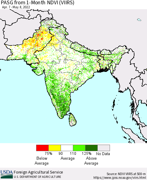 Southern Asia PASG from 1-Month NDVI (VIIRS) Thematic Map For 5/1/2022 - 5/10/2022