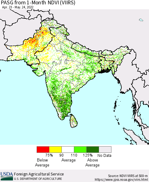 Southern Asia PASG from 1-Month NDVI (VIIRS) Thematic Map For 5/21/2022 - 5/31/2022