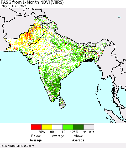 Southern Asia PASG from 1-Month NDVI (VIIRS) Thematic Map For 5/25/2022 - 6/1/2022