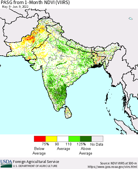 Southern Asia PASG from 1-Month NDVI (VIIRS) Thematic Map For 6/1/2022 - 6/10/2022