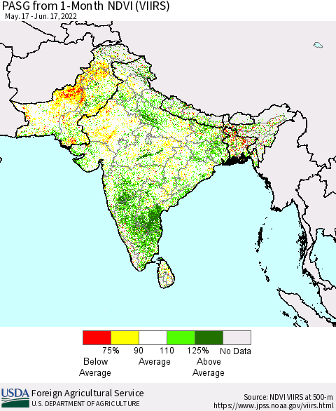 Southern Asia PASG from 1-Month NDVI (VIIRS) Thematic Map For 6/11/2022 - 6/20/2022