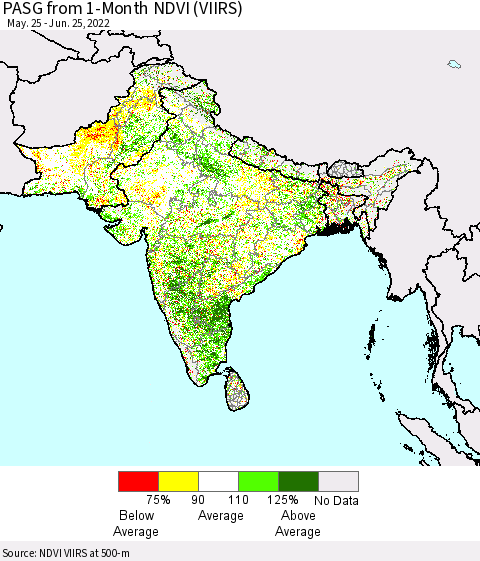 Southern Asia PASG from 1-Month NDVI (VIIRS) Thematic Map For 6/18/2022 - 6/25/2022