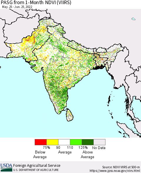 Southern Asia PASG from 1-Month NDVI (VIIRS) Thematic Map For 6/21/2022 - 6/30/2022