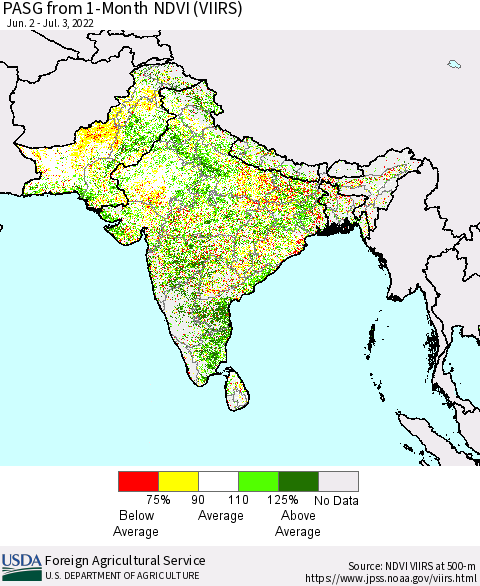 Southern Asia PASG from 1-Month NDVI (VIIRS) Thematic Map For 7/1/2022 - 7/10/2022