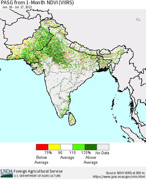 Southern Asia PASG from 1-Month NDVI (VIIRS) Thematic Map For 7/21/2022 - 7/31/2022