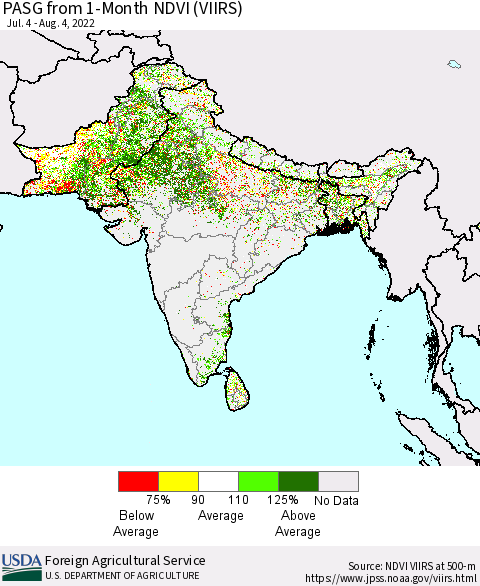 Southern Asia PASG from 1-Month NDVI (VIIRS) Thematic Map For 8/1/2022 - 8/10/2022