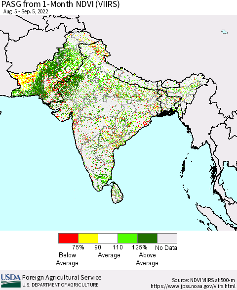 Southern Asia PASG from 1-Month NDVI (VIIRS) Thematic Map For 9/1/2022 - 9/10/2022