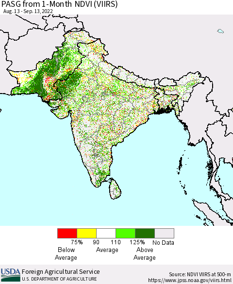 Southern Asia PASG from 1-Month NDVI (VIIRS) Thematic Map For 9/11/2022 - 9/20/2022