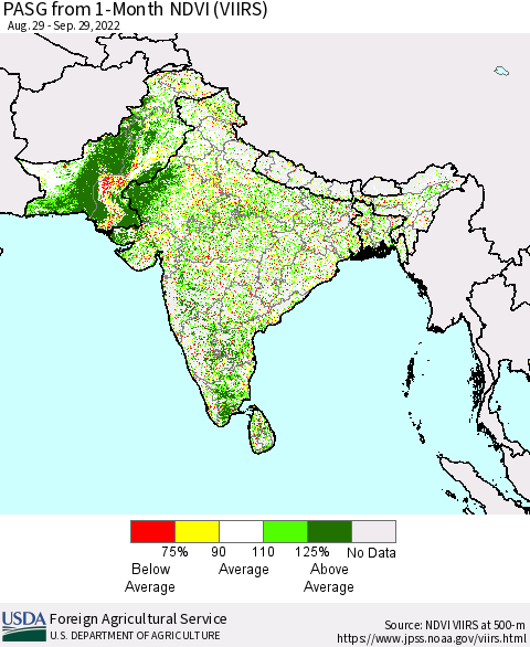 Southern Asia PASG from 1-Month NDVI (VIIRS) Thematic Map For 9/21/2022 - 9/30/2022