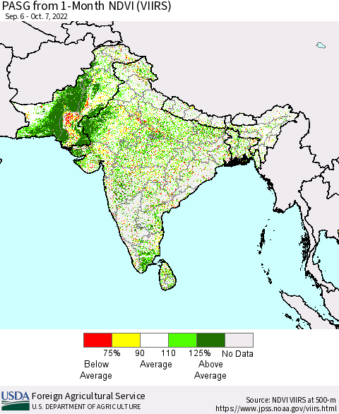 Southern Asia PASG from 1-Month NDVI (VIIRS) Thematic Map For 10/1/2022 - 10/10/2022