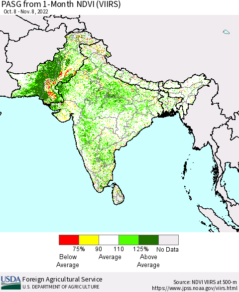 Southern Asia PASG from 1-Month NDVI (VIIRS) Thematic Map For 11/1/2022 - 11/10/2022