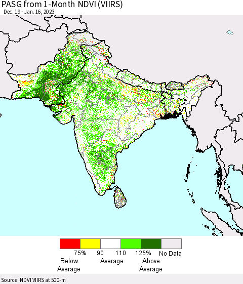 Southern Asia PASG from 1-Month NDVI (VIIRS) Thematic Map For 1/9/2023 - 1/16/2023