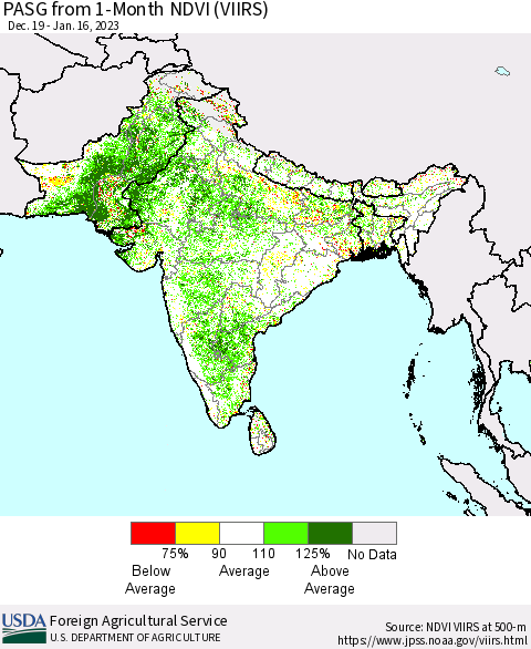 Southern Asia PASG from 1-Month NDVI (VIIRS) Thematic Map For 1/11/2023 - 1/20/2023