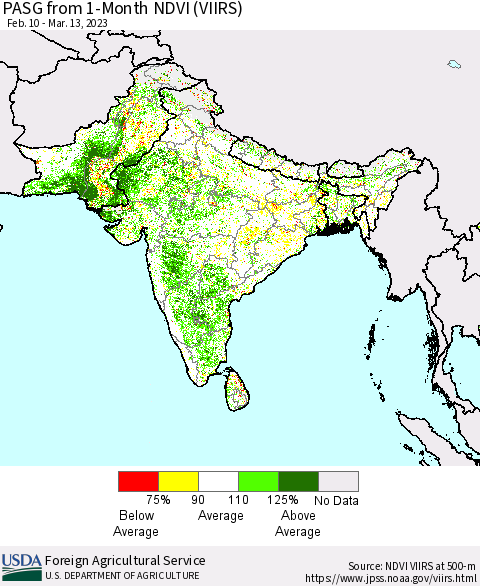 Southern Asia PASG from 1-Month NDVI (VIIRS) Thematic Map For 3/11/2023 - 3/20/2023
