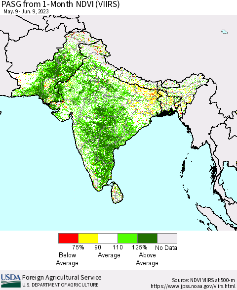 Southern Asia PASG from 1-Month NDVI (VIIRS) Thematic Map For 6/1/2023 - 6/10/2023