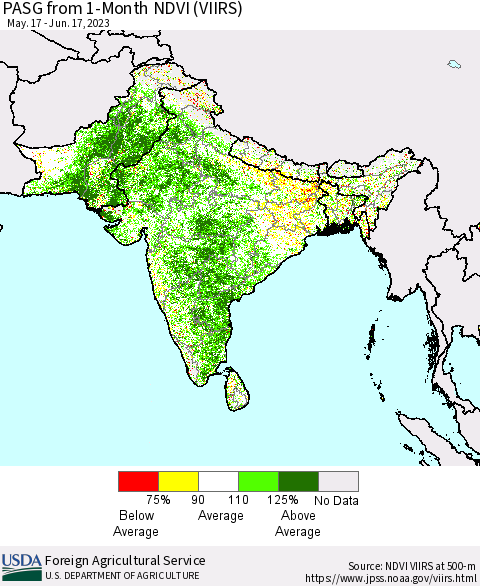 Southern Asia PASG from 1-Month NDVI (VIIRS) Thematic Map For 6/11/2023 - 6/20/2023