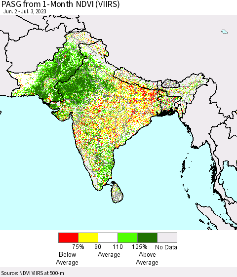 Southern Asia PASG from 1-Month NDVI (VIIRS) Thematic Map For 6/26/2023 - 7/3/2023