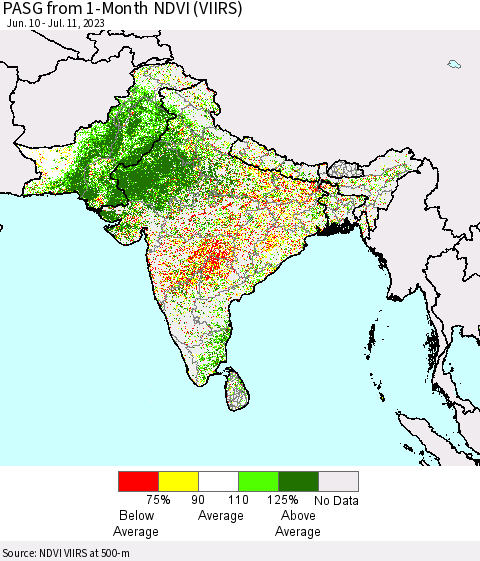 Southern Asia PASG from 1-Month NDVI (VIIRS) Thematic Map For 7/4/2023 - 7/11/2023