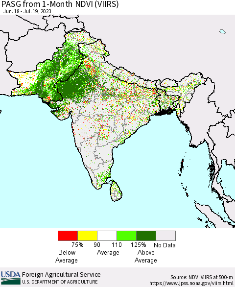 Southern Asia PASG from 1-Month NDVI (VIIRS) Thematic Map For 7/11/2023 - 7/20/2023
