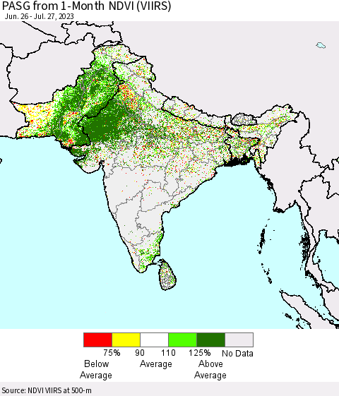 Southern Asia PASG from 1-Month NDVI (VIIRS) Thematic Map For 7/20/2023 - 7/27/2023
