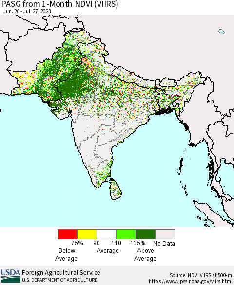 Southern Asia PASG from 1-Month NDVI (VIIRS) Thematic Map For 7/21/2023 - 7/31/2023