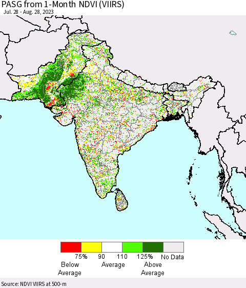 Southern Asia PASG from 1-Month NDVI (VIIRS) Thematic Map For 8/21/2023 - 8/28/2023