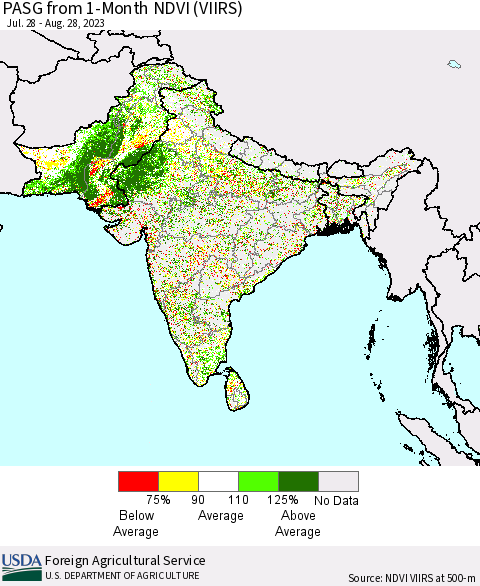 Southern Asia PASG from 1-Month NDVI (VIIRS) Thematic Map For 8/21/2023 - 8/31/2023