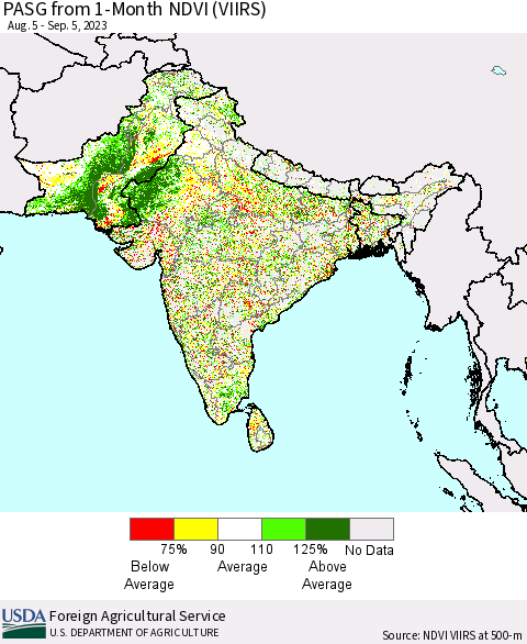 Southern Asia PASG from 1-Month NDVI (VIIRS) Thematic Map For 9/1/2023 - 9/10/2023