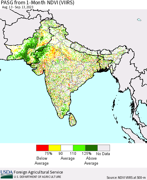 Southern Asia PASG from 1-Month NDVI (VIIRS) Thematic Map For 9/11/2023 - 9/20/2023