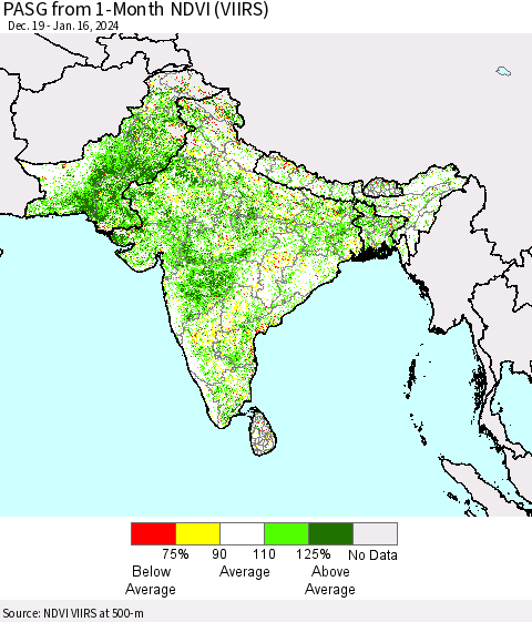 Southern Asia PASG from 1-Month NDVI (VIIRS) Thematic Map For 1/9/2024 - 1/16/2024