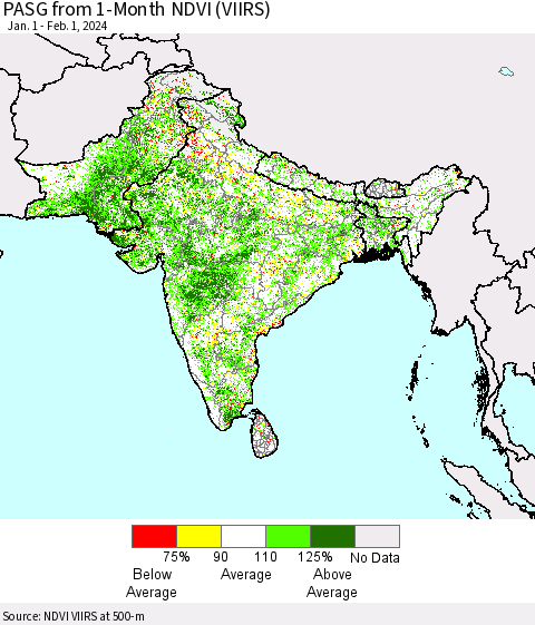 Southern Asia PASG from 1-Month NDVI (VIIRS) Thematic Map For 1/25/2024 - 2/1/2024