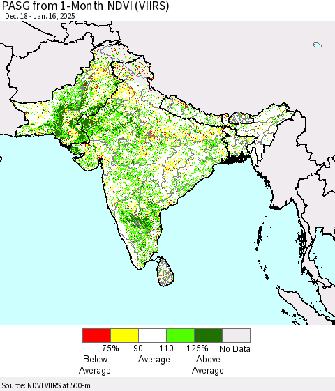 Southern Asia PASG from 1-Month NDVI (VIIRS) Thematic Map For 1/9/2025 - 1/16/2025