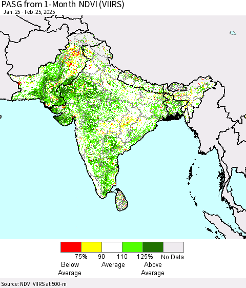 Southern Asia PASG from 1-Month NDVI (VIIRS) Thematic Map For 2/18/2025 - 2/25/2025