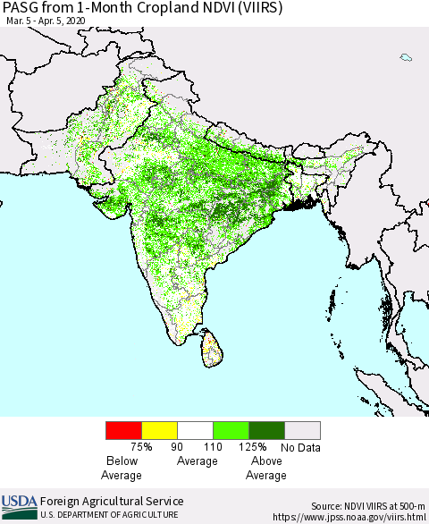 Southern Asia PASG from 1-Month Cropland NDVI (VIIRS) Thematic Map For 4/1/2020 - 4/10/2020