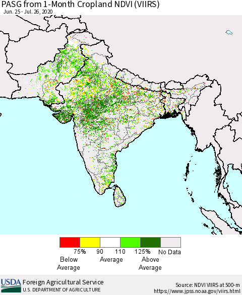 Southern Asia PASG from 1-Month Cropland NDVI (VIIRS) Thematic Map For 7/21/2020 - 7/31/2020
