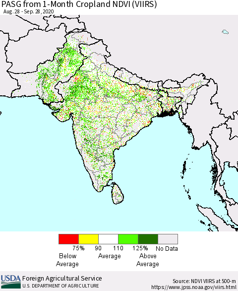 Southern Asia PASG from 1-Month Cropland NDVI (VIIRS) Thematic Map For 9/21/2020 - 9/30/2020