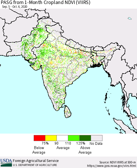 Southern Asia PASG from 1-Month Cropland NDVI (VIIRS) Thematic Map For 10/1/2020 - 10/10/2020