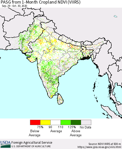 Southern Asia PASG from 1-Month Cropland NDVI (VIIRS) Thematic Map For 10/21/2020 - 10/31/2020