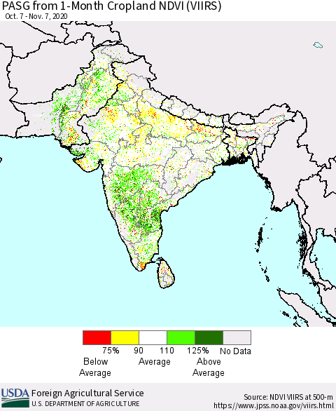 Southern Asia PASG from 1-Month Cropland NDVI (VIIRS) Thematic Map For 11/1/2020 - 11/10/2020
