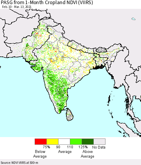 Southern Asia PASG from 1-Month Cropland NDVI (VIIRS) Thematic Map For 3/6/2021 - 3/13/2021