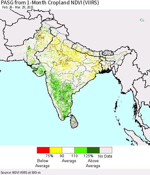 Southern Asia PASG from 1-Month Cropland NDVI (VIIRS) Thematic Map For 3/22/2021 - 3/29/2021
