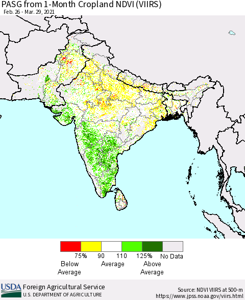 Southern Asia PASG from 1-Month Cropland NDVI (VIIRS) Thematic Map For 3/21/2021 - 3/31/2021